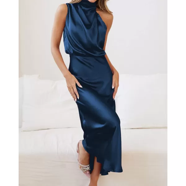 BTFBM Womens Sleeveless Cocktail Dresses Mock Neck Keyhole Elastic High Waist Wedding Guest Evening Party Maxi DressSolid Dark Blue