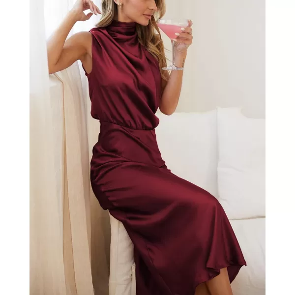 BTFBM Womens Sleeveless Cocktail Dresses Mock Neck Keyhole Elastic High Waist Wedding Guest Evening Party Maxi DressSolid Deep Red