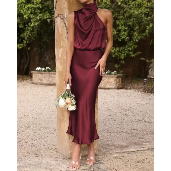 BTFBM Womens Sleeveless Cocktail Dresses Mock Neck Keyhole Elastic High Waist Wedding Guest Evening Party Maxi DressSolid Deep Red