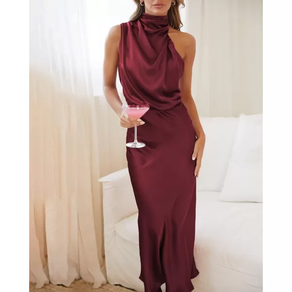 BTFBM Womens Sleeveless Cocktail Dresses Mock Neck Keyhole Elastic High Waist Wedding Guest Evening Party Maxi DressSolid Deep Red