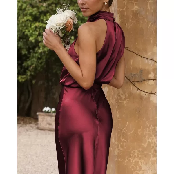 BTFBM Womens Sleeveless Cocktail Dresses Mock Neck Keyhole Elastic High Waist Wedding Guest Evening Party Maxi DressSolid Deep Red