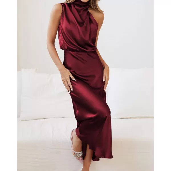 BTFBM Womens Sleeveless Cocktail Dresses Mock Neck Keyhole Elastic High Waist Wedding Guest Evening Party Maxi DressSolid Deep Red
