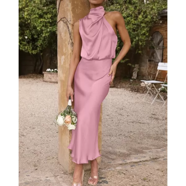 BTFBM Womens Sleeveless Cocktail Dresses Mock Neck Keyhole Elastic High Waist Wedding Guest Evening Party Maxi DressSolid Dusty Pink
