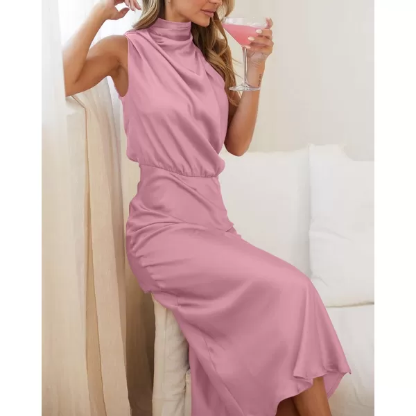 BTFBM Womens Sleeveless Cocktail Dresses Mock Neck Keyhole Elastic High Waist Wedding Guest Evening Party Maxi DressSolid Dusty Pink