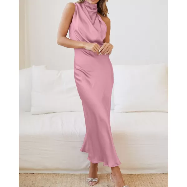 BTFBM Womens Sleeveless Cocktail Dresses Mock Neck Keyhole Elastic High Waist Wedding Guest Evening Party Maxi DressSolid Dusty Pink