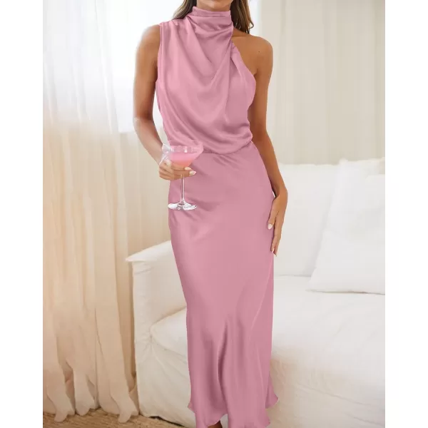 BTFBM Womens Sleeveless Cocktail Dresses Mock Neck Keyhole Elastic High Waist Wedding Guest Evening Party Maxi DressSolid Dusty Pink