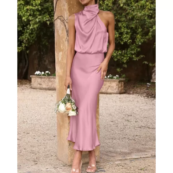 BTFBM Womens Sleeveless Cocktail Dresses Mock Neck Keyhole Elastic High Waist Wedding Guest Evening Party Maxi DressSolid Dusty Pink