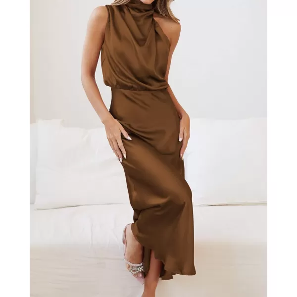 BTFBM Womens Sleeveless Cocktail Dresses Mock Neck Keyhole Elastic High Waist Wedding Guest Evening Party Maxi DressSolid Khaki