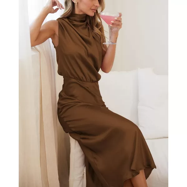 BTFBM Womens Sleeveless Cocktail Dresses Mock Neck Keyhole Elastic High Waist Wedding Guest Evening Party Maxi DressSolid Khaki