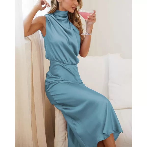 BTFBM Womens Sleeveless Cocktail Dresses Mock Neck Keyhole Elastic High Waist Wedding Guest Evening Party Maxi DressSolid Light Blue