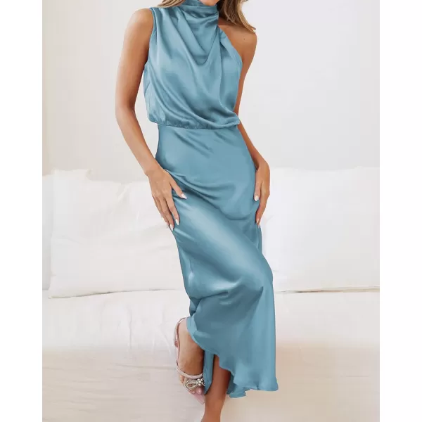 BTFBM Womens Sleeveless Cocktail Dresses Mock Neck Keyhole Elastic High Waist Wedding Guest Evening Party Maxi DressSolid Light Blue