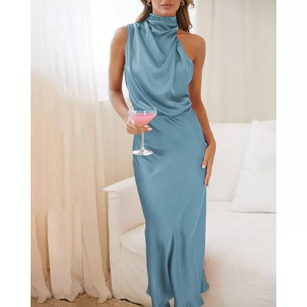 BTFBM Womens Sleeveless Cocktail Dresses Mock Neck Keyhole Elastic High Waist Wedding Guest Evening Party Maxi DressSolid Light Blue