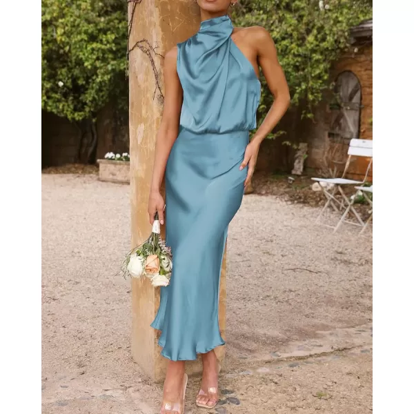 BTFBM Womens Sleeveless Cocktail Dresses Mock Neck Keyhole Elastic High Waist Wedding Guest Evening Party Maxi DressSolid Light Blue