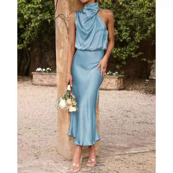 BTFBM Womens Sleeveless Cocktail Dresses Mock Neck Keyhole Elastic High Waist Wedding Guest Evening Party Maxi DressSolid Light Blue