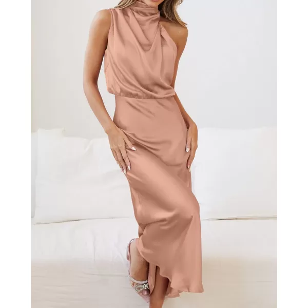 BTFBM Womens Sleeveless Cocktail Dresses Mock Neck Keyhole Elastic High Waist Wedding Guest Evening Party Maxi DressSolid Light Khaki