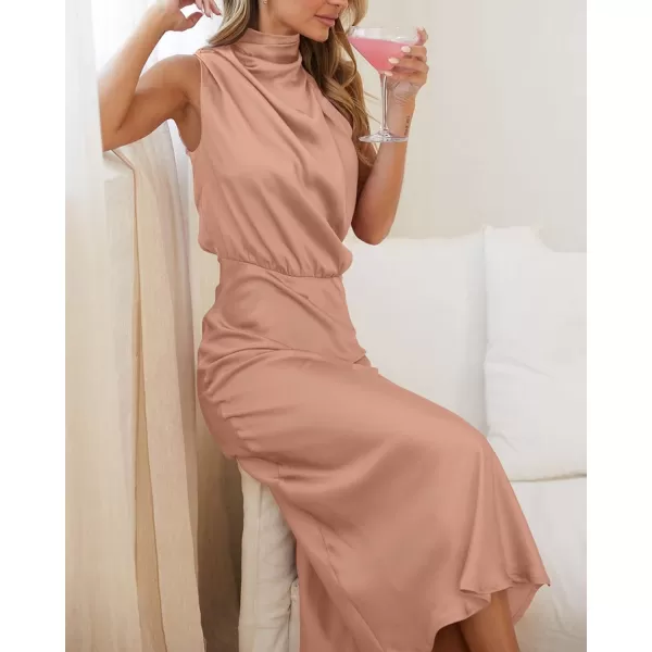 BTFBM Womens Sleeveless Cocktail Dresses Mock Neck Keyhole Elastic High Waist Wedding Guest Evening Party Maxi DressSolid Light Khaki