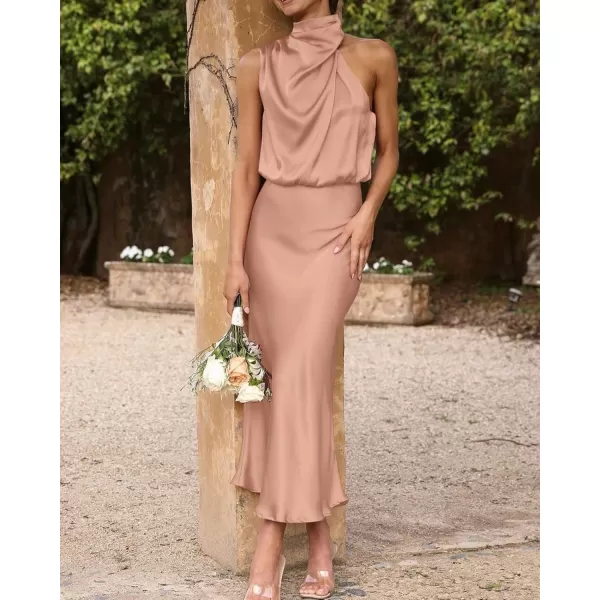 BTFBM Womens Sleeveless Cocktail Dresses Mock Neck Keyhole Elastic High Waist Wedding Guest Evening Party Maxi DressSolid Light Khaki
