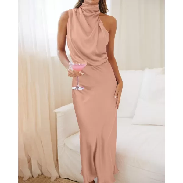 BTFBM Womens Sleeveless Cocktail Dresses Mock Neck Keyhole Elastic High Waist Wedding Guest Evening Party Maxi DressSolid Light Khaki