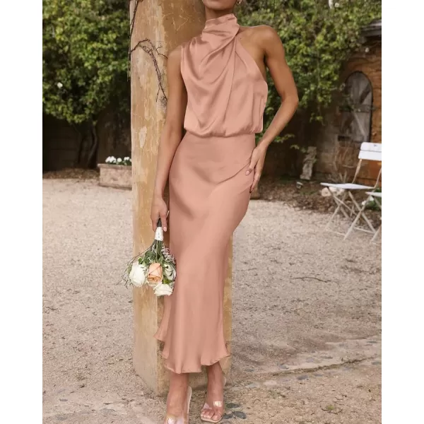 BTFBM Womens Sleeveless Cocktail Dresses Mock Neck Keyhole Elastic High Waist Wedding Guest Evening Party Maxi DressSolid Light Khaki