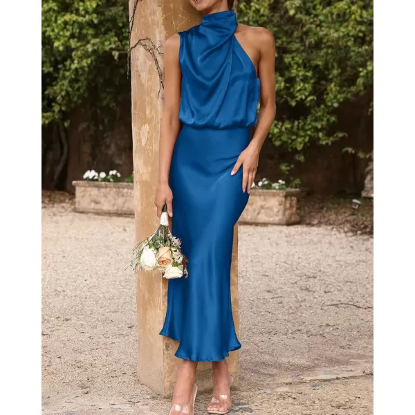 BTFBM Womens Sleeveless Cocktail Dresses Mock Neck Keyhole Elastic High Waist Wedding Guest Evening Party Maxi DressSolid Navy