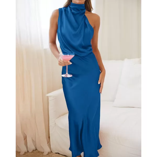 BTFBM Womens Sleeveless Cocktail Dresses Mock Neck Keyhole Elastic High Waist Wedding Guest Evening Party Maxi DressSolid Navy