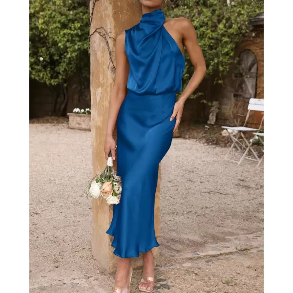 BTFBM Womens Sleeveless Cocktail Dresses Mock Neck Keyhole Elastic High Waist Wedding Guest Evening Party Maxi DressSolid Navy