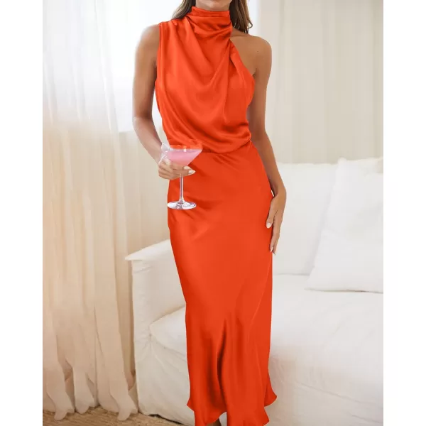 BTFBM Womens Sleeveless Cocktail Dresses Mock Neck Keyhole Elastic High Waist Wedding Guest Evening Party Maxi DressSolid Orange