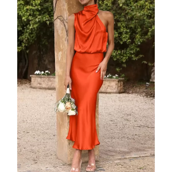BTFBM Womens Sleeveless Cocktail Dresses Mock Neck Keyhole Elastic High Waist Wedding Guest Evening Party Maxi DressSolid Orange