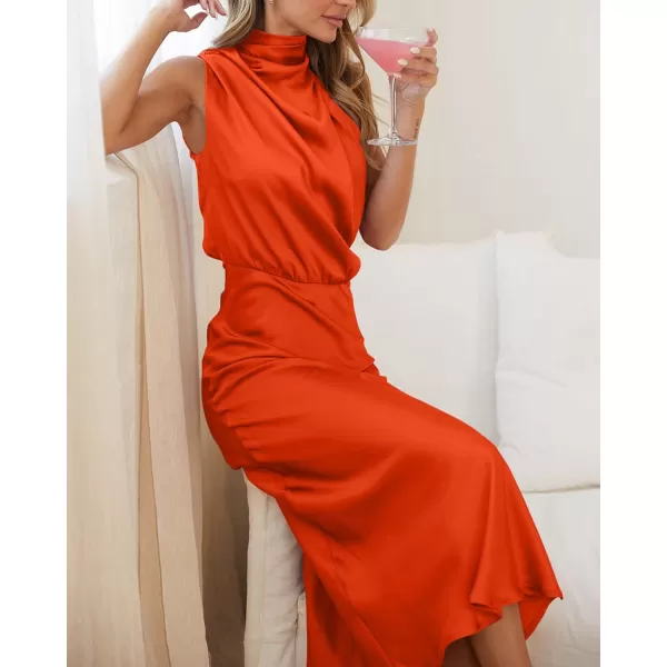 BTFBM Womens Sleeveless Cocktail Dresses Mock Neck Keyhole Elastic High Waist Wedding Guest Evening Party Maxi DressSolid Orange