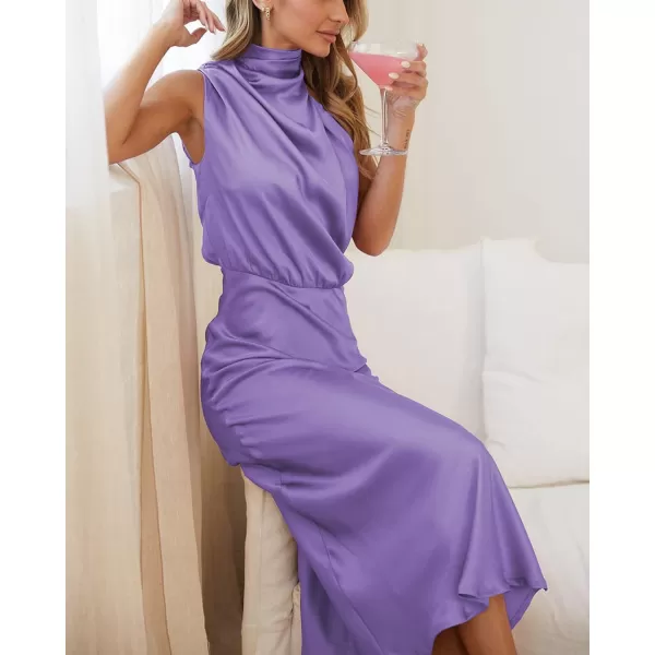 BTFBM Womens Sleeveless Cocktail Dresses Mock Neck Keyhole Elastic High Waist Wedding Guest Evening Party Maxi DressSolid Purple