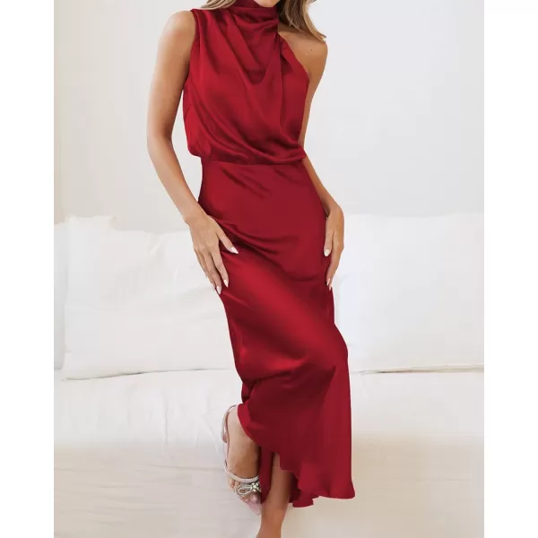 BTFBM Womens Sleeveless Cocktail Dresses Mock Neck Keyhole Elastic High Waist Wedding Guest Evening Party Maxi DressSolid Red