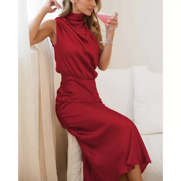 BTFBM Womens Sleeveless Cocktail Dresses Mock Neck Keyhole Elastic High Waist Wedding Guest Evening Party Maxi DressSolid Red