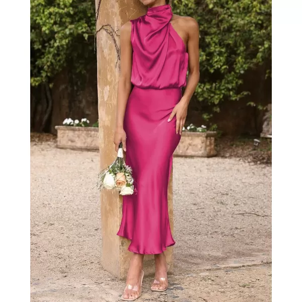 BTFBM Womens Sleeveless Cocktail Dresses Mock Neck Keyhole Elastic High Waist Wedding Guest Evening Party Maxi DressSolid Rose Red
