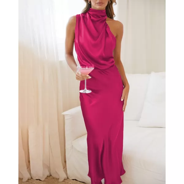 BTFBM Womens Sleeveless Cocktail Dresses Mock Neck Keyhole Elastic High Waist Wedding Guest Evening Party Maxi DressSolid Rose Red