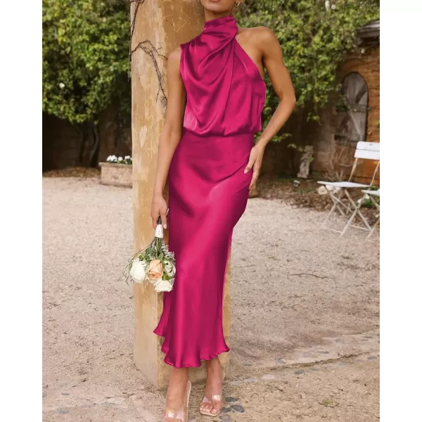 BTFBM Womens Sleeveless Cocktail Dresses Mock Neck Keyhole Elastic High Waist Wedding Guest Evening Party Maxi DressSolid Rose Red