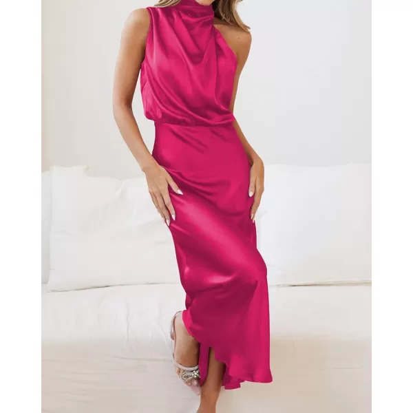 BTFBM Womens Sleeveless Cocktail Dresses Mock Neck Keyhole Elastic High Waist Wedding Guest Evening Party Maxi DressSolid Rose Red