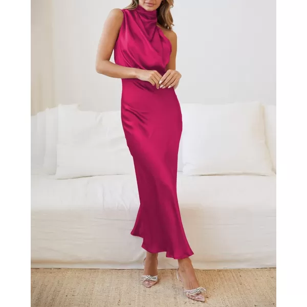 BTFBM Womens Sleeveless Cocktail Dresses Mock Neck Keyhole Elastic High Waist Wedding Guest Evening Party Maxi DressSolid Rose Red