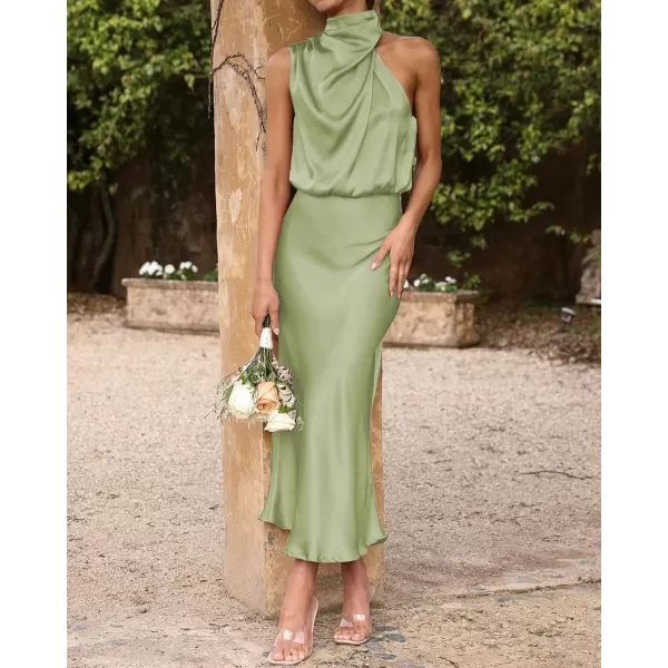 BTFBM Womens Sleeveless Cocktail Dresses Mock Neck Keyhole Elastic High Waist Wedding Guest Evening Party Maxi DressSolid Tender Green