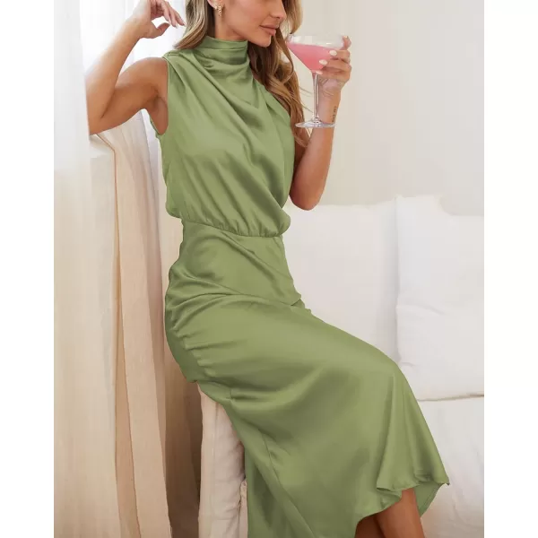 BTFBM Womens Sleeveless Cocktail Dresses Mock Neck Keyhole Elastic High Waist Wedding Guest Evening Party Maxi DressSolid Tender Green