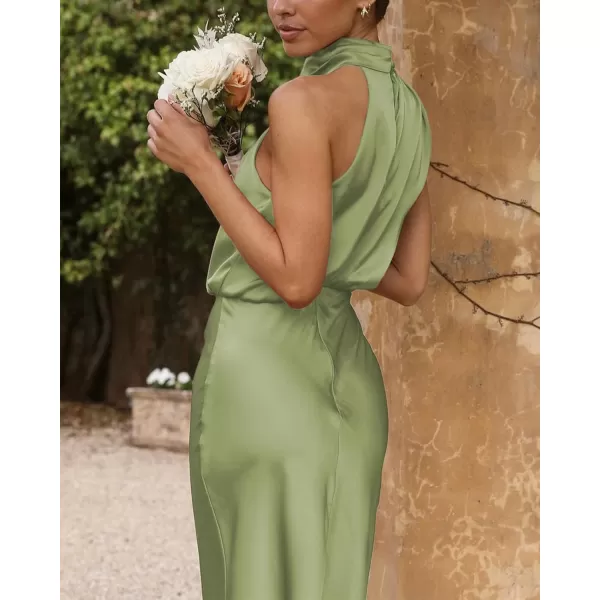 BTFBM Womens Sleeveless Cocktail Dresses Mock Neck Keyhole Elastic High Waist Wedding Guest Evening Party Maxi DressSolid Tender Green
