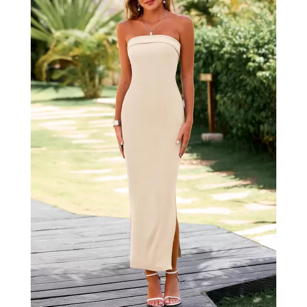 BTFBM Womens Strapless Tube Dress 2024 Summer Knit Backless Slit Formal Bodycon Wedding Cocktail Party Maxi DressesSolid Beige