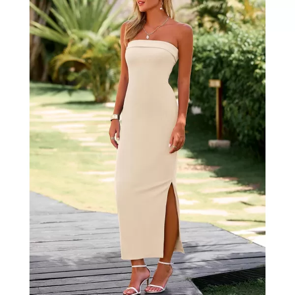 BTFBM Womens Strapless Tube Dress 2024 Summer Knit Backless Slit Formal Bodycon Wedding Cocktail Party Maxi DressesSolid Beige