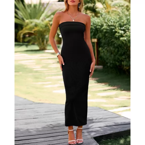 BTFBM Womens Strapless Tube Dress 2024 Summer Knit Backless Slit Formal Bodycon Wedding Cocktail Party Maxi DressesSolid Black