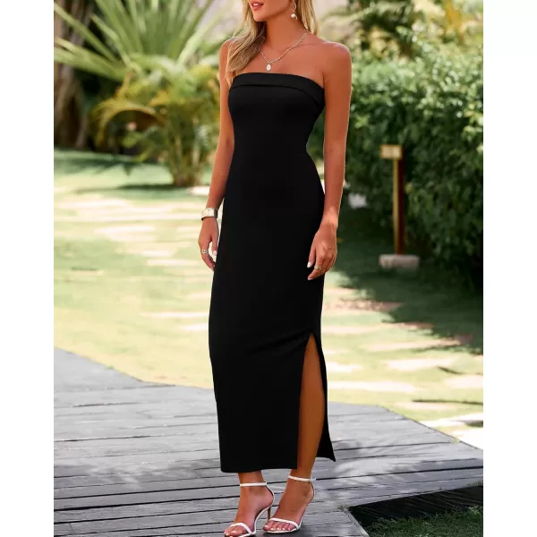 BTFBM Womens Strapless Tube Dress 2024 Summer Knit Backless Slit Formal Bodycon Wedding Cocktail Party Maxi DressesSolid Black