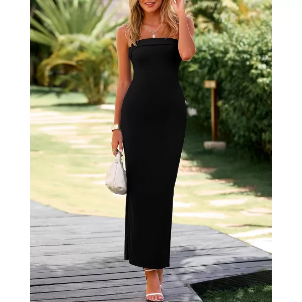 BTFBM Womens Strapless Tube Dress 2024 Summer Knit Backless Slit Formal Bodycon Wedding Cocktail Party Maxi DressesSolid Black