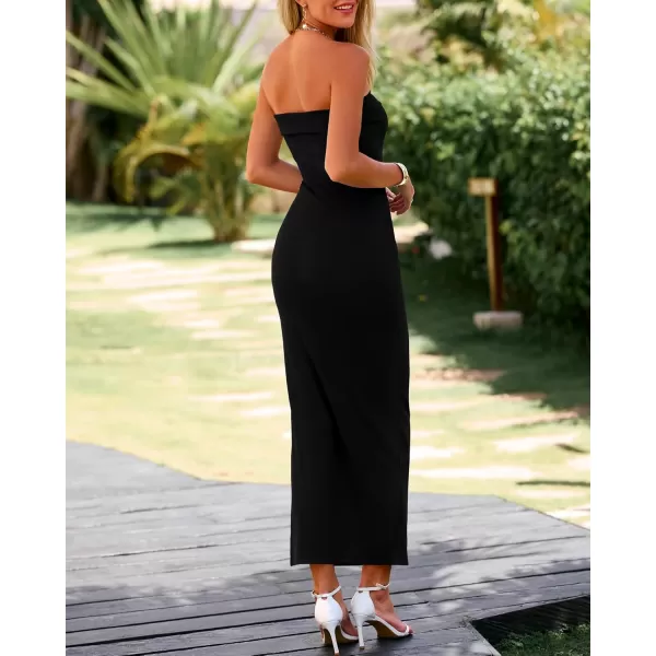 BTFBM Womens Strapless Tube Dress 2024 Summer Knit Backless Slit Formal Bodycon Wedding Cocktail Party Maxi DressesSolid Black