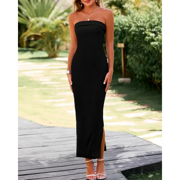 BTFBM Womens Strapless Tube Dress 2024 Summer Knit Backless Slit Formal Bodycon Wedding Cocktail Party Maxi DressesSolid Black