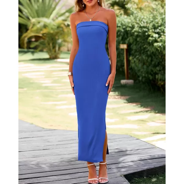 BTFBM Womens Strapless Tube Dress 2024 Summer Knit Backless Slit Formal Bodycon Wedding Cocktail Party Maxi DressesSolid Blue