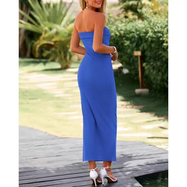 BTFBM Womens Strapless Tube Dress 2024 Summer Knit Backless Slit Formal Bodycon Wedding Cocktail Party Maxi DressesSolid Blue