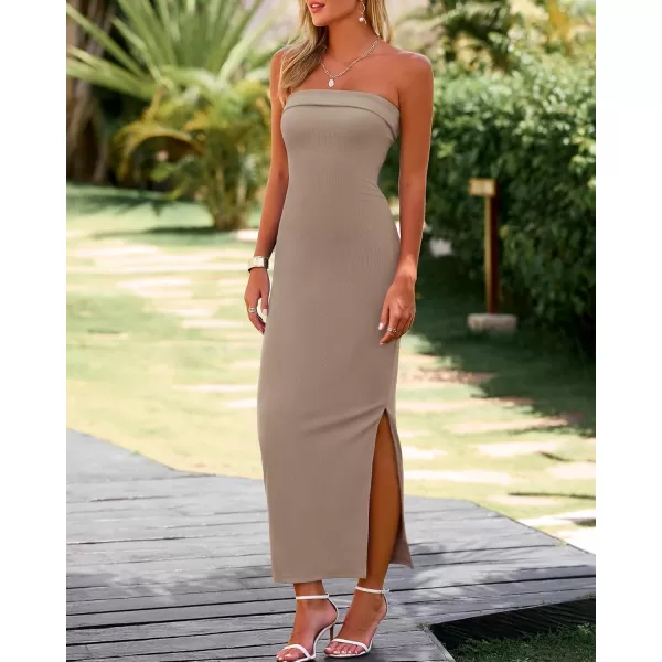 BTFBM Womens Strapless Tube Dress 2024 Summer Knit Backless Slit Formal Bodycon Wedding Cocktail Party Maxi DressesSolid Khaki